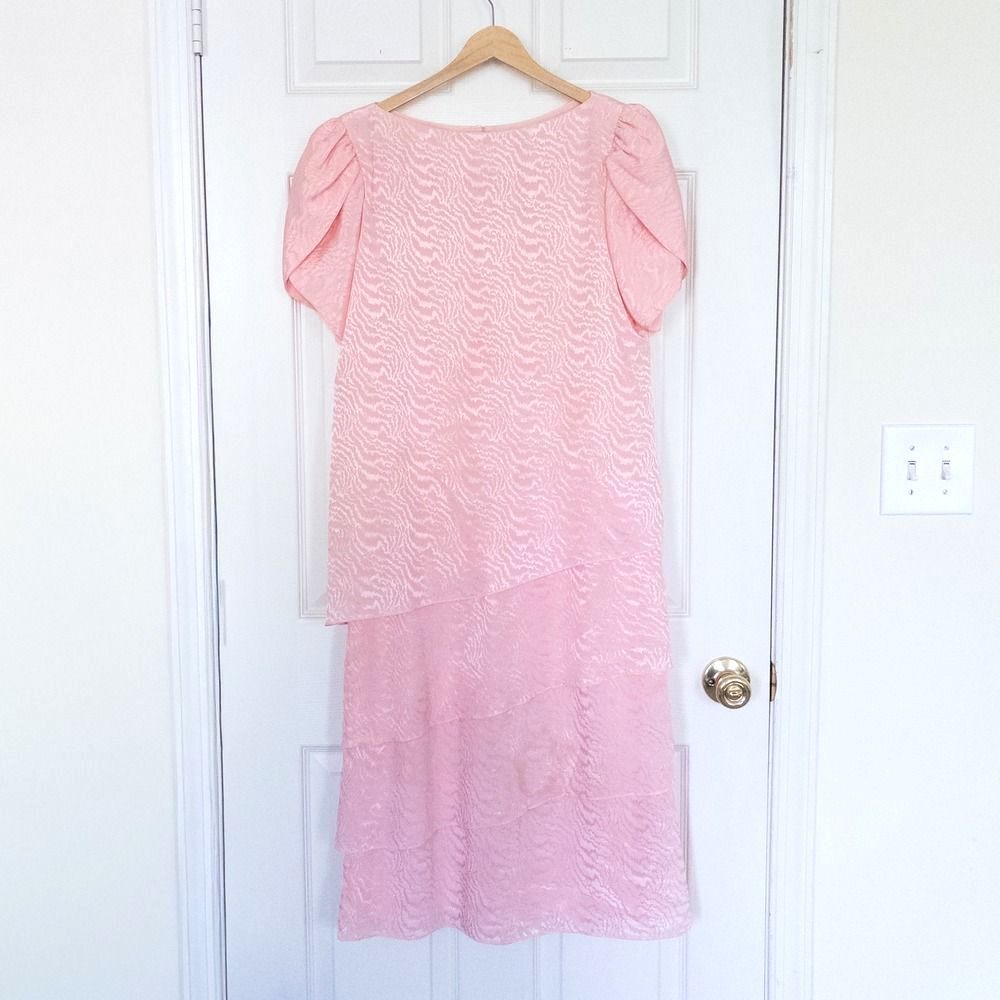 Vintage 90s Lizzy &‎ Johnny Dress Women 8 Pink Tiered Puff Sleeve Midi Dress